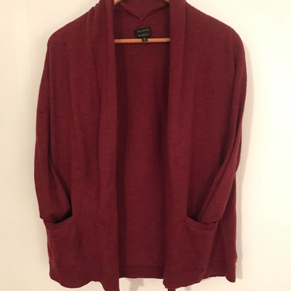 Talbots Pure Merino Wool open front cardigan Burgundy Size Small